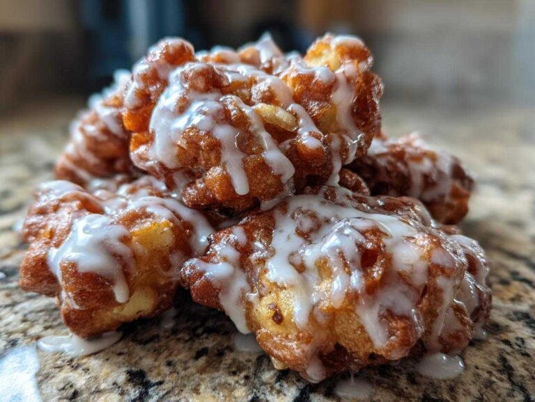 Close-up of a stack of golden brown, freshly fried apple fritter pieces drizzled heavily with white vanilla glaze.