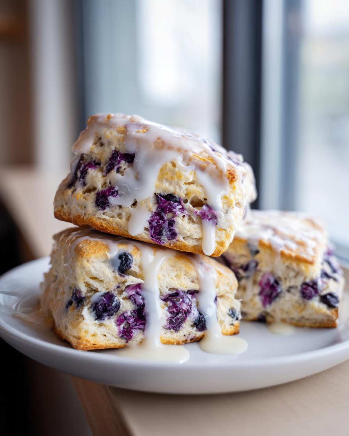 Close-up of three delicious blueberry scones stacked and drizzled with thick white lemon glaze.