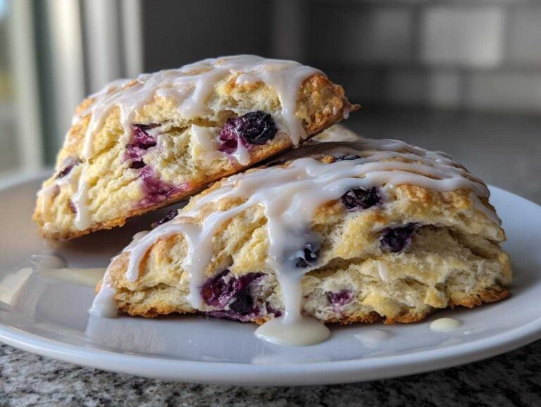 Amazing 8 blueberry scones with lemon zest Two freshly baked blueberry scones, drizzled with a thick white glaze, resting on a white plate.