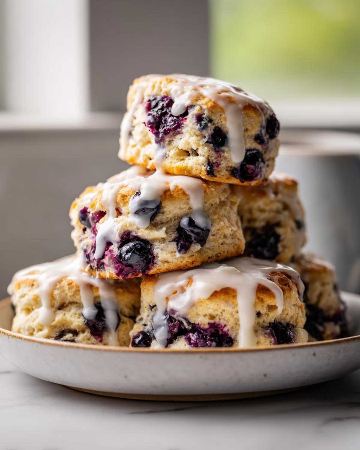 A stack of freshly baked blueberry scones drizzled with a thick white lemon glaze.