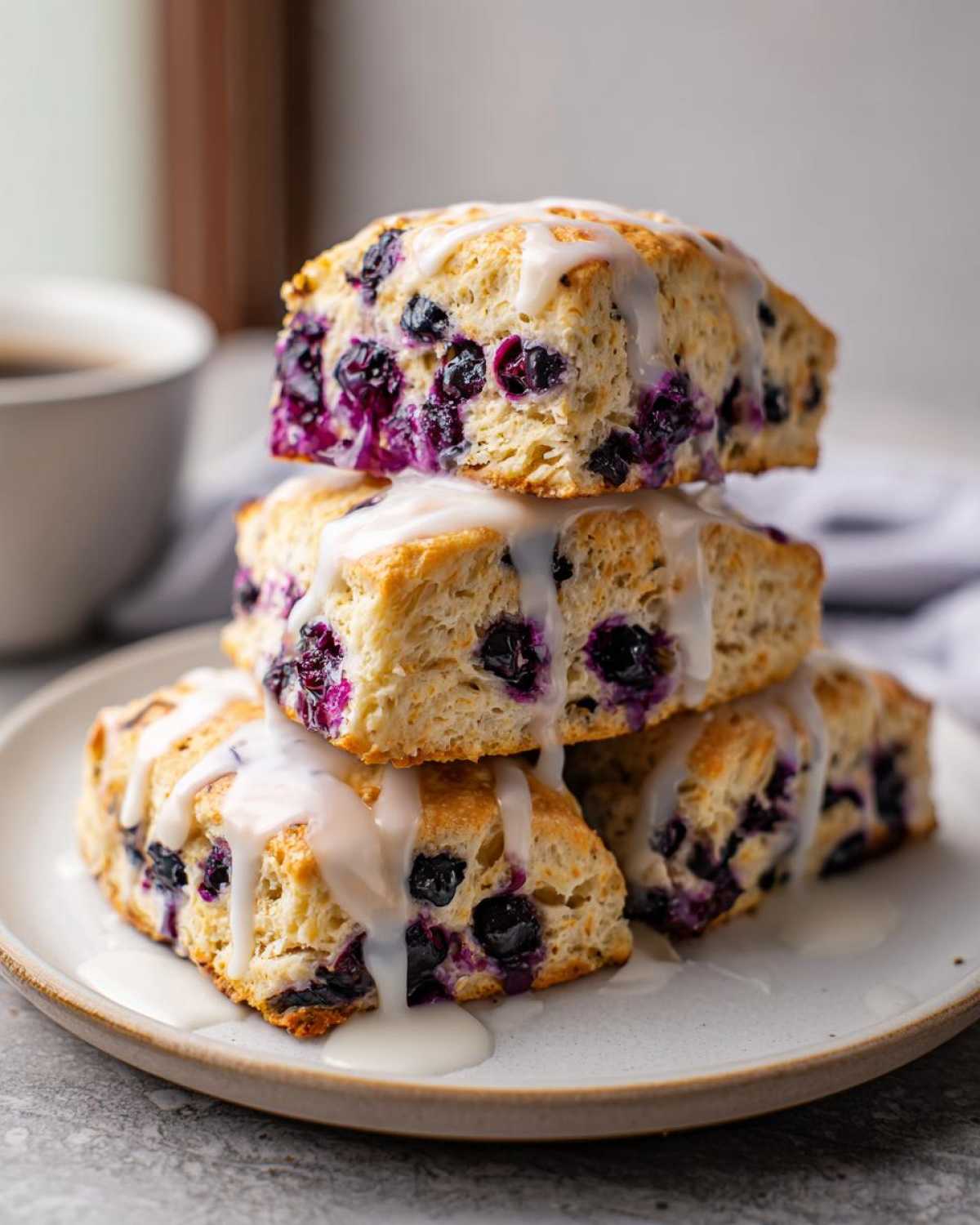 A stack of three homemade blueberry scones drizzled generously with white lemon glaze.