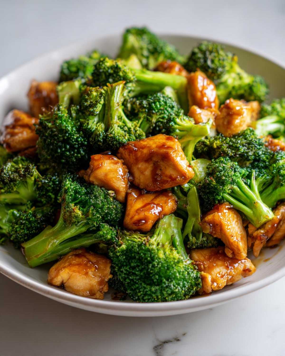 Close-up of tender, glazed chicken pieces mixed with vibrant green broccoli florets, a perfect chicken and broccoli dish.