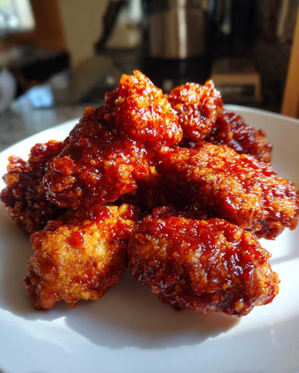 Close-up of crispy, glazed korean fried chicken pieces coated in a thick, shiny red sauce.