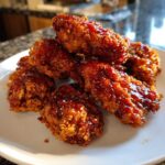 Close-up of crispy, glazed korean fried chicken pieces piled on a white plate, shining with sauce.