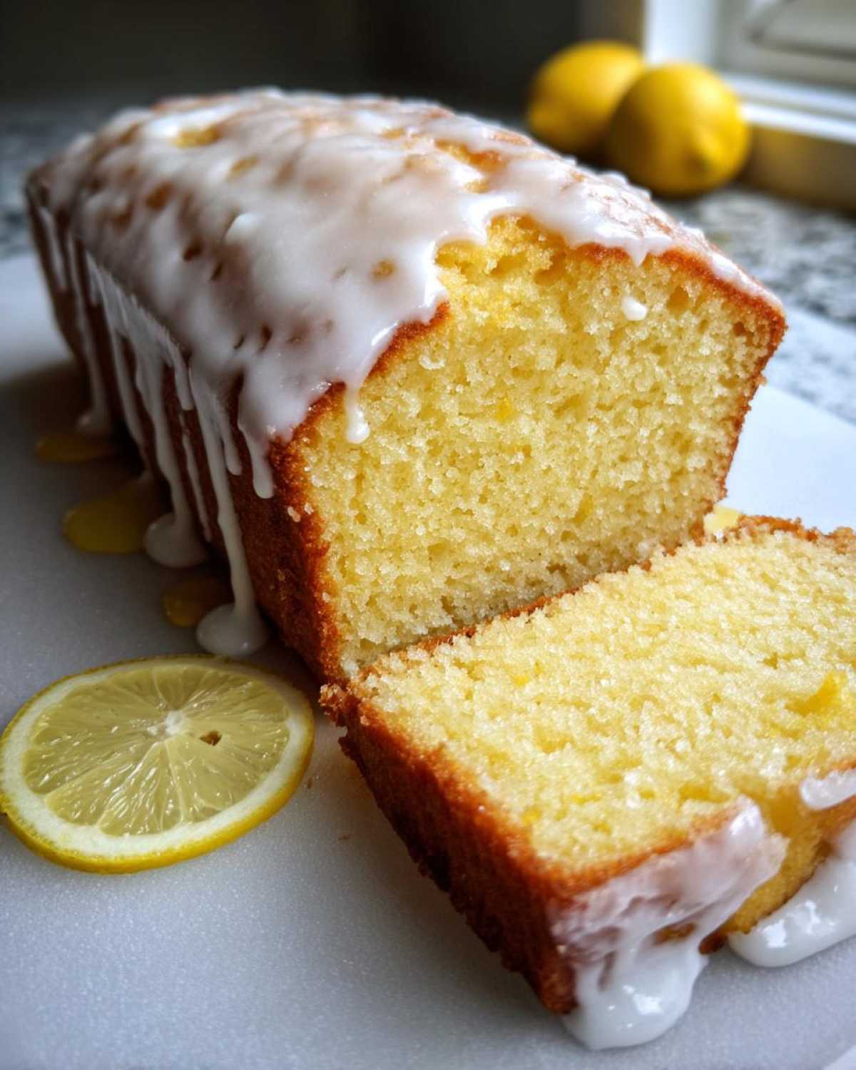 Close-up of a moist lemon pound cake loaf, partially sliced, topped with thick white glaze and garnished with a lemon slice.