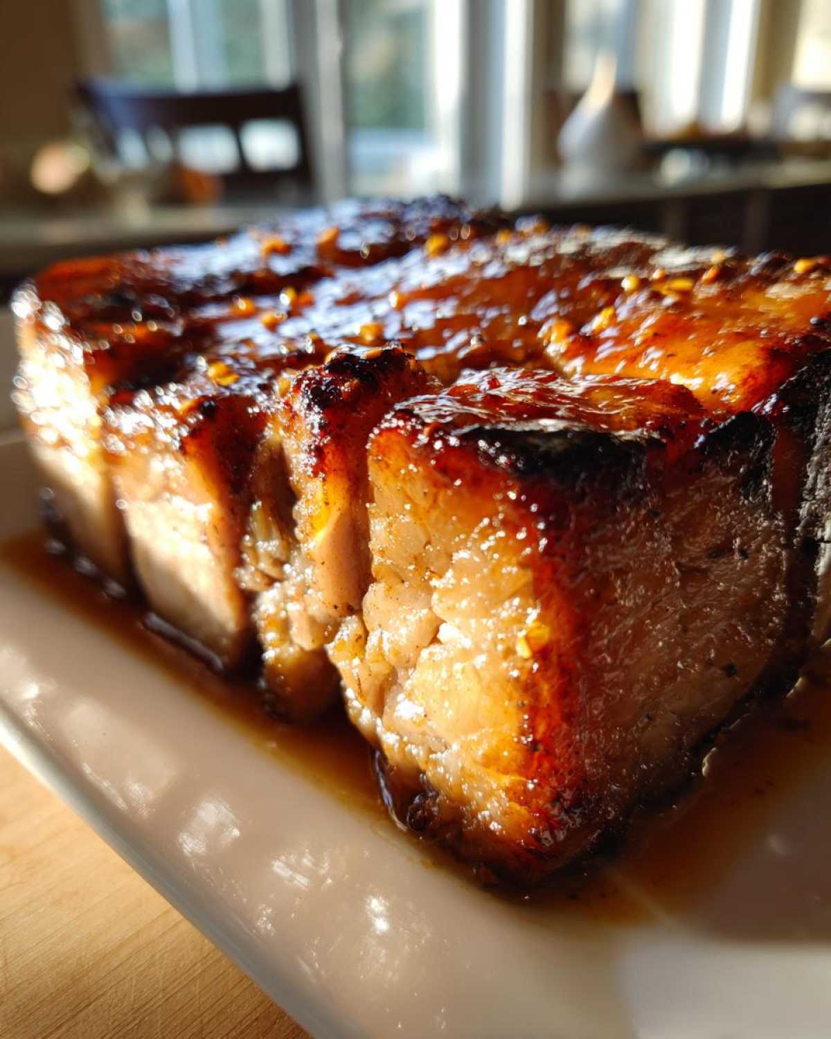Close-up of a thick, perfectly cooked pork steak with a shiny, caramelized glaze, ready for the pork steak recipe.