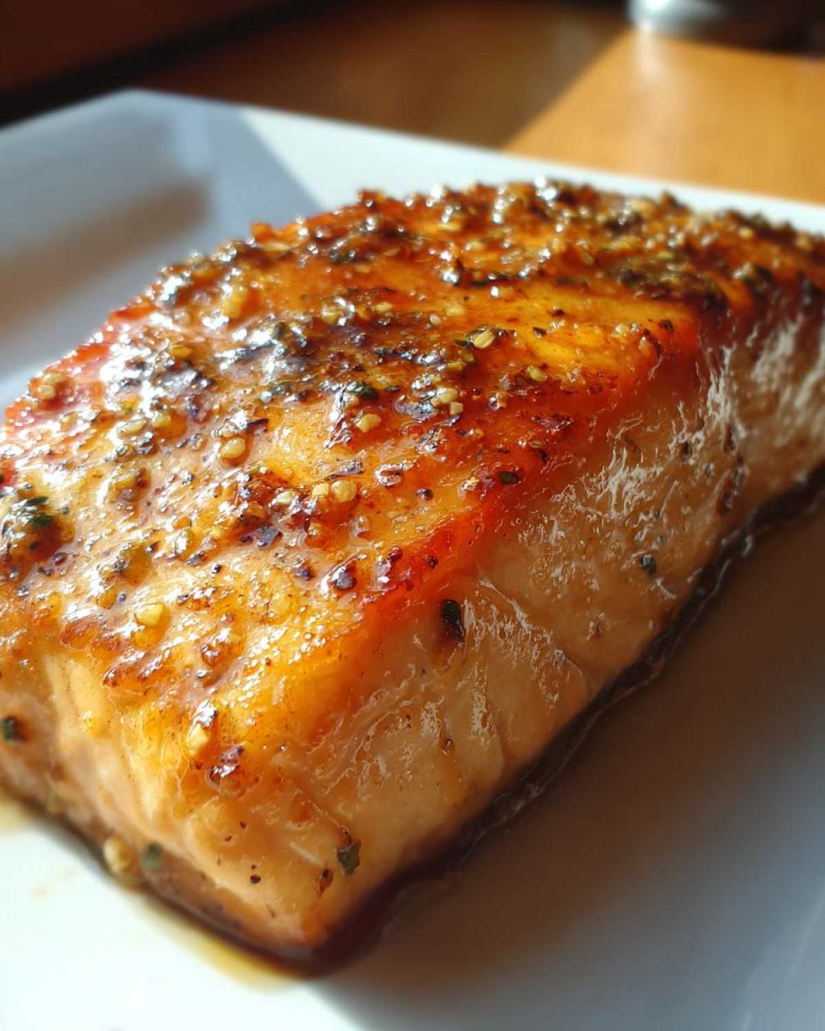 Close-up of a perfectly cooked, glazed salmon fillet topped with spices and herbs.