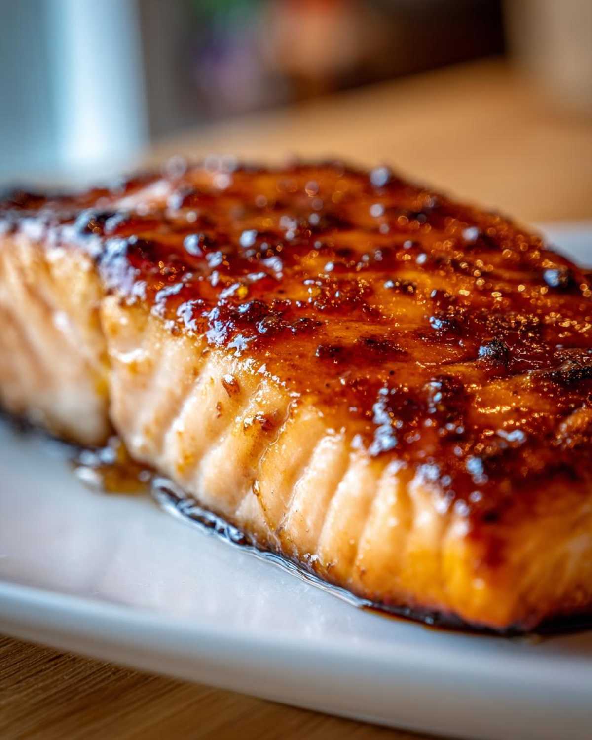 Close-up of a perfectly cooked, glazed salmon fillet glistening with a dark, sweet sauce.