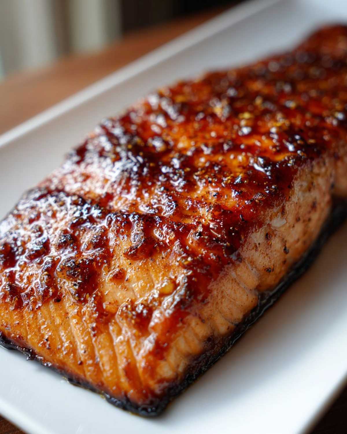 Close-up of a perfectly cooked, glazed salmon fillet with a shiny, caramelized top layer.