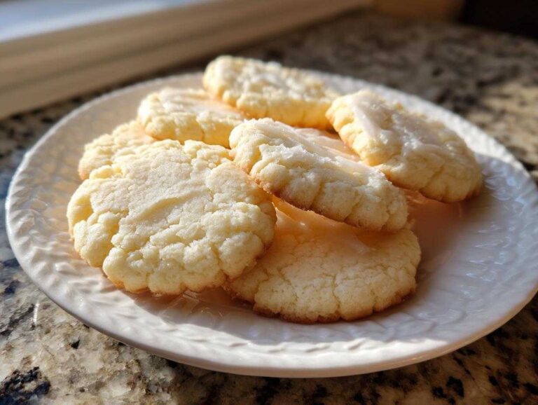 A plate piled high with soft, round vegan sugar cookies topped with a light glaze, catching warm sunlight.