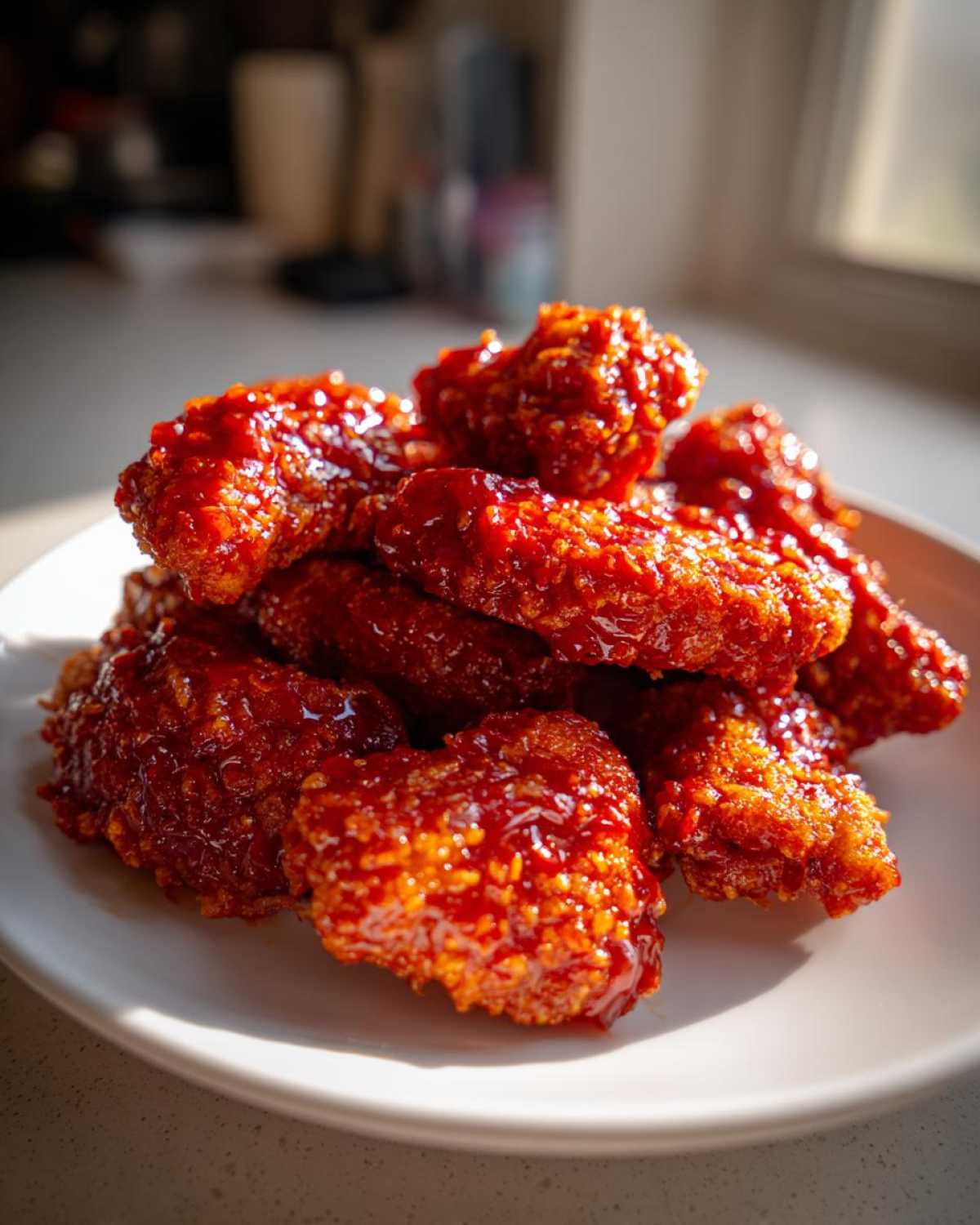 A pile of crispy, saucy korean fried chicken pieces coated in a vibrant red glaze, served on a white plate.