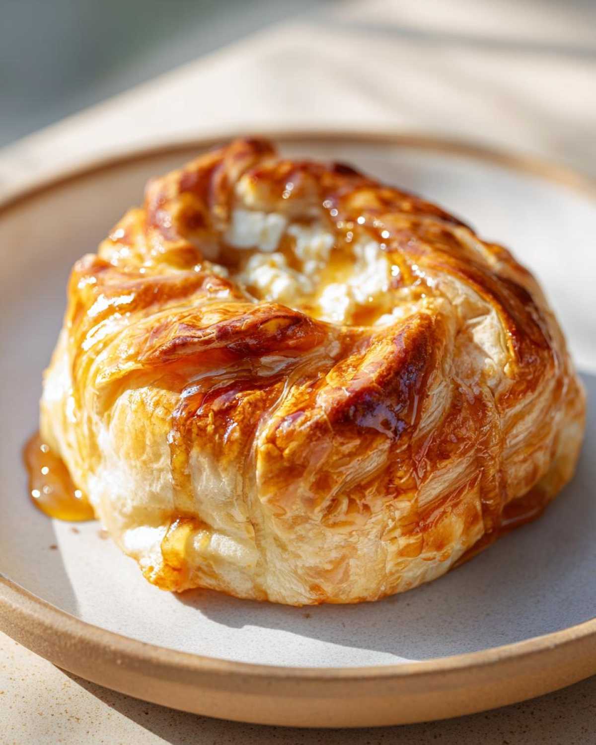 A perfectly golden baked brie in puff pastry, oozing slightly and drizzled with honey.