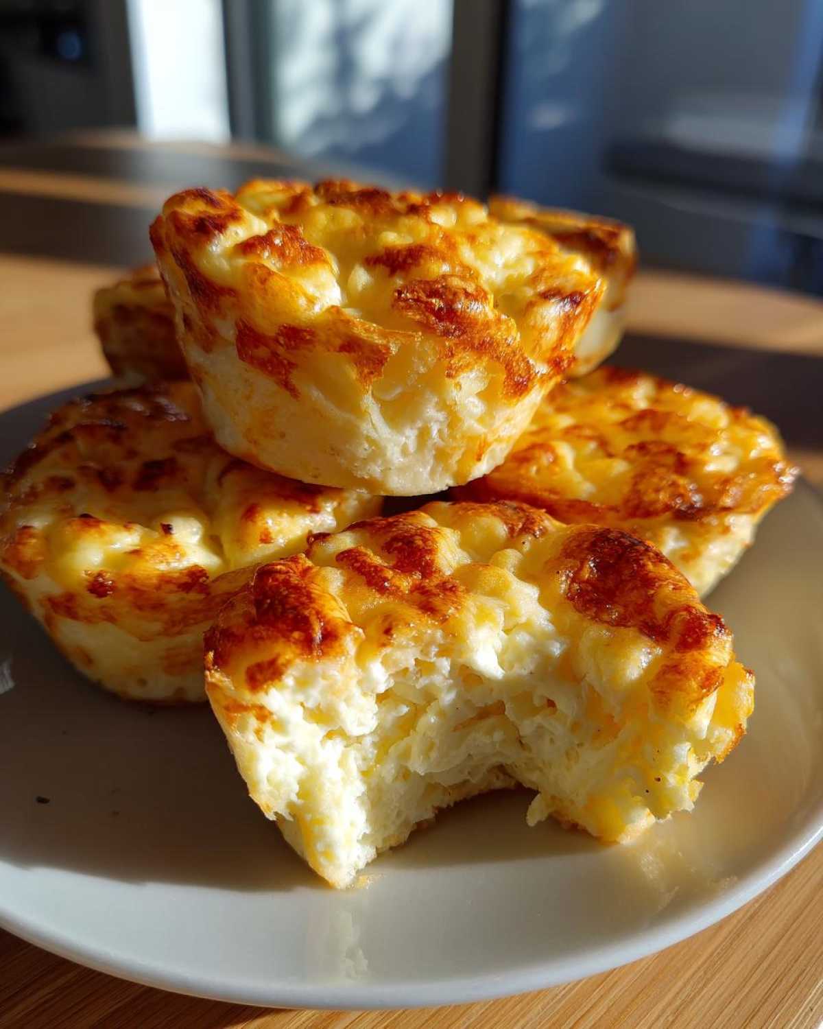 A stack of fluffy, golden brown homemade egg bites, with one bite showing a fluffy interior.