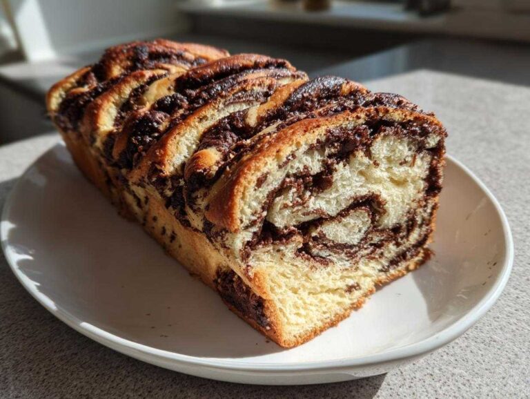 A freshly baked, golden chocolate babka loaf resting on a white plate, showing rich chocolate swirls inside.