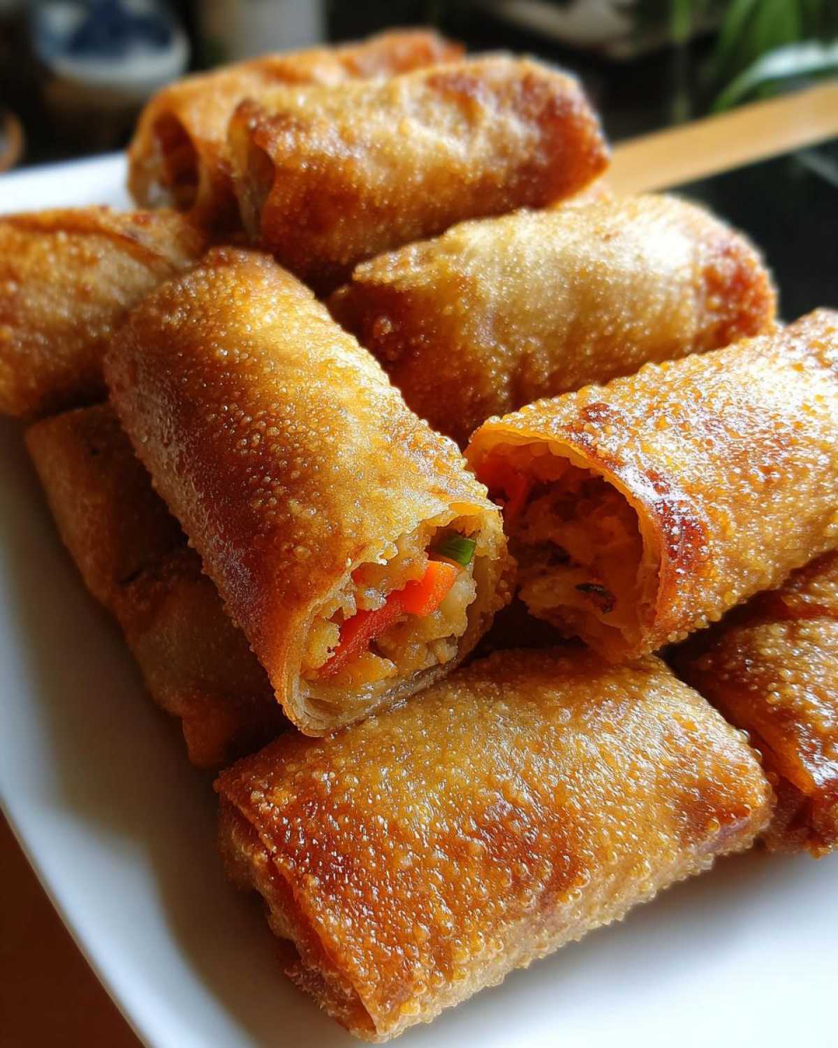 Close-up of several golden brown, crispy fried egg roll appetizers piled on a white plate, one is broken open showing vegetable filling.