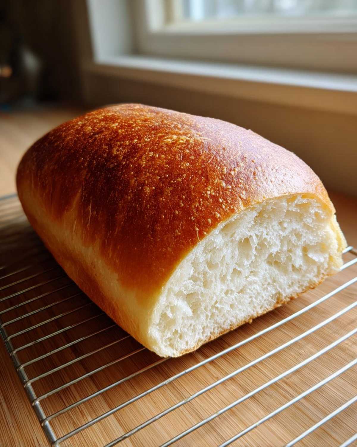 A freshly baked loaf of amazing italian bread with a golden brown crust resting on a cooling rack.