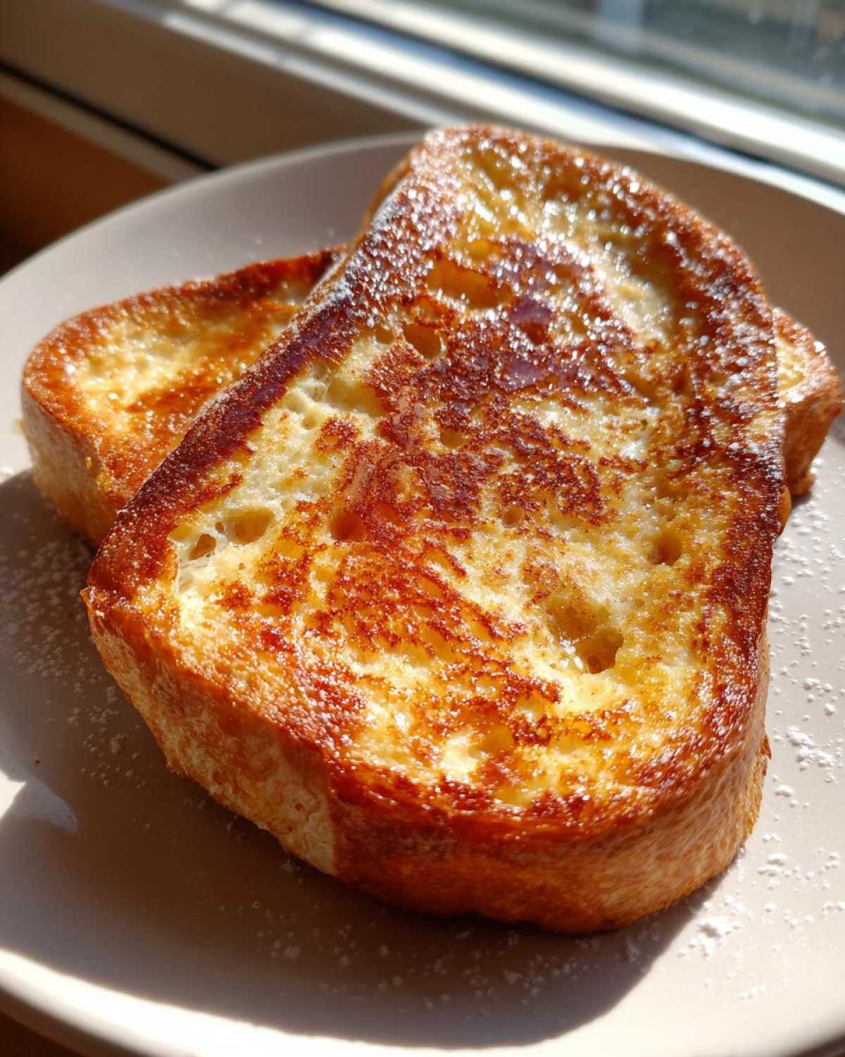 Two golden brown slices of perfectly cooked french toast dusted with powdered sugar.