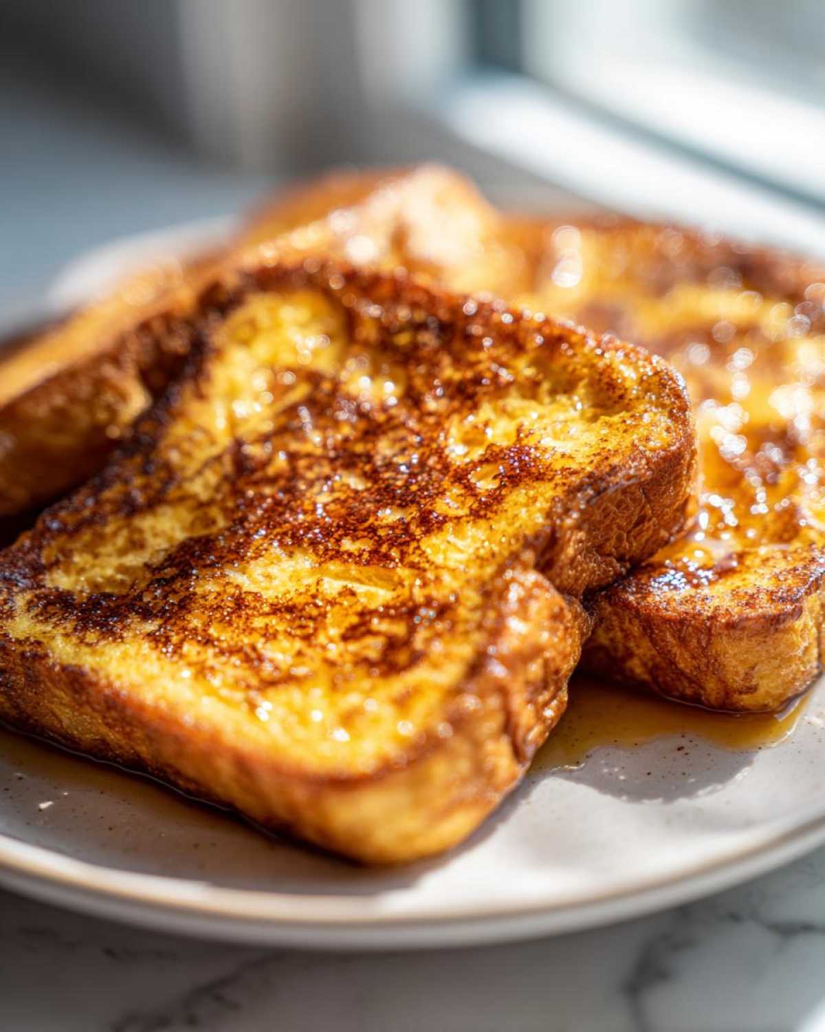 Close-up of golden brown, syrup-drizzled french toast slices on a light plate.