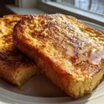 Close-up of two thick slices of golden brown french toast drizzled with syrup, sitting on a white plate.