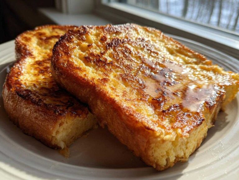 Close-up of two thick slices of golden brown french toast drizzled with syrup, sitting on a white plate.