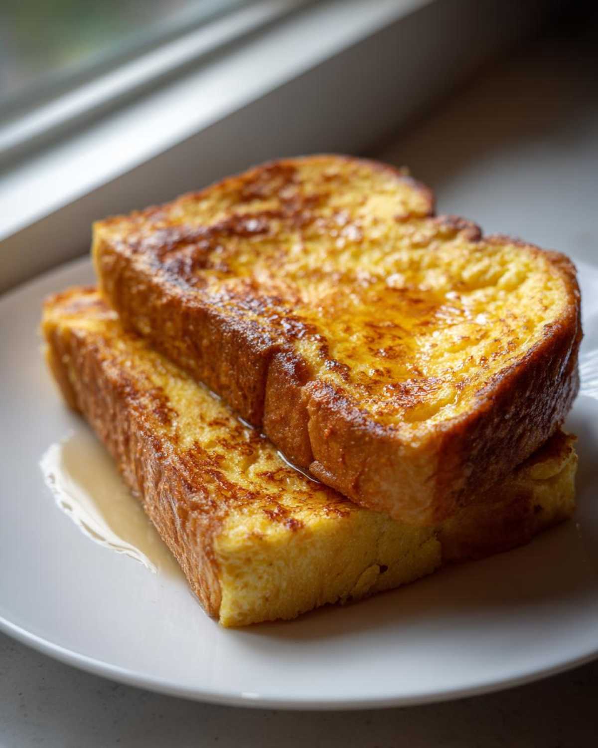 Two thick slices of perfectly golden brown french toast stacked on a white plate, drizzled with syrup.