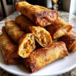 A pile of crispy, golden brown egg roll appetizers, with one cut in half showing the vegetable filling.