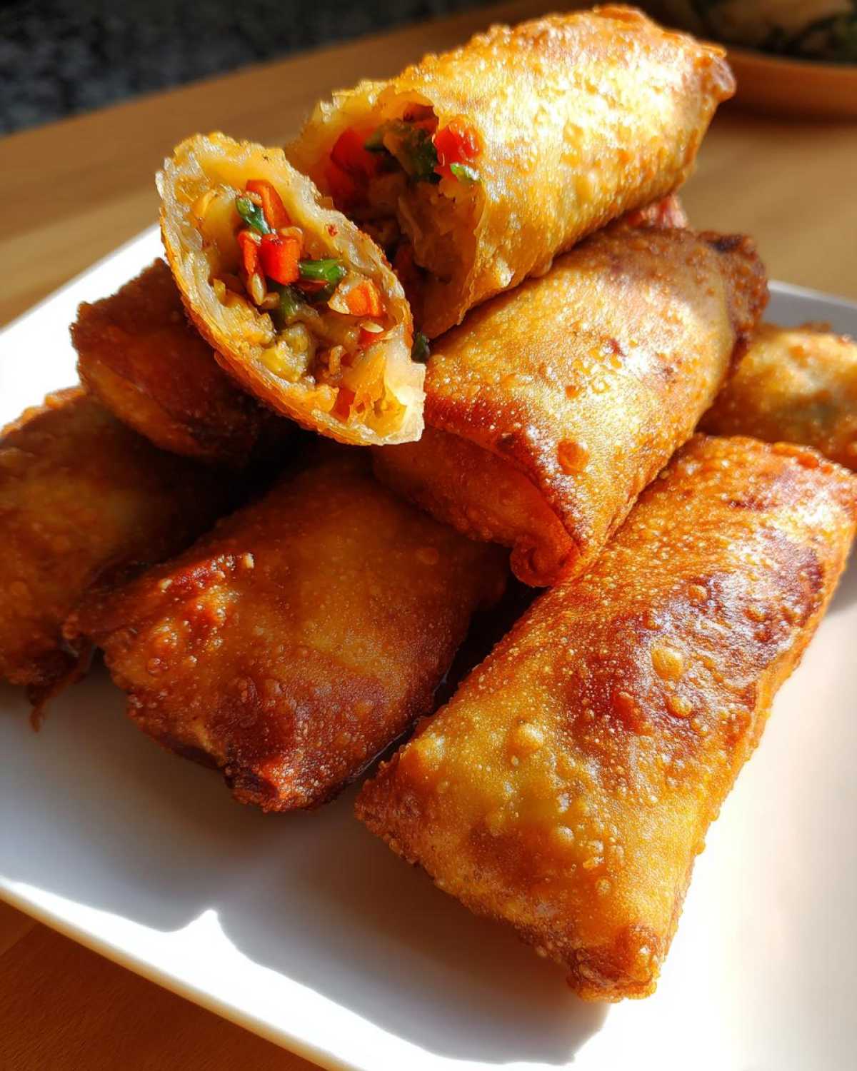 A stack of crispy, golden brown fried egg roll pieces piled on a white plate, one is cut open showing vegetable filling.