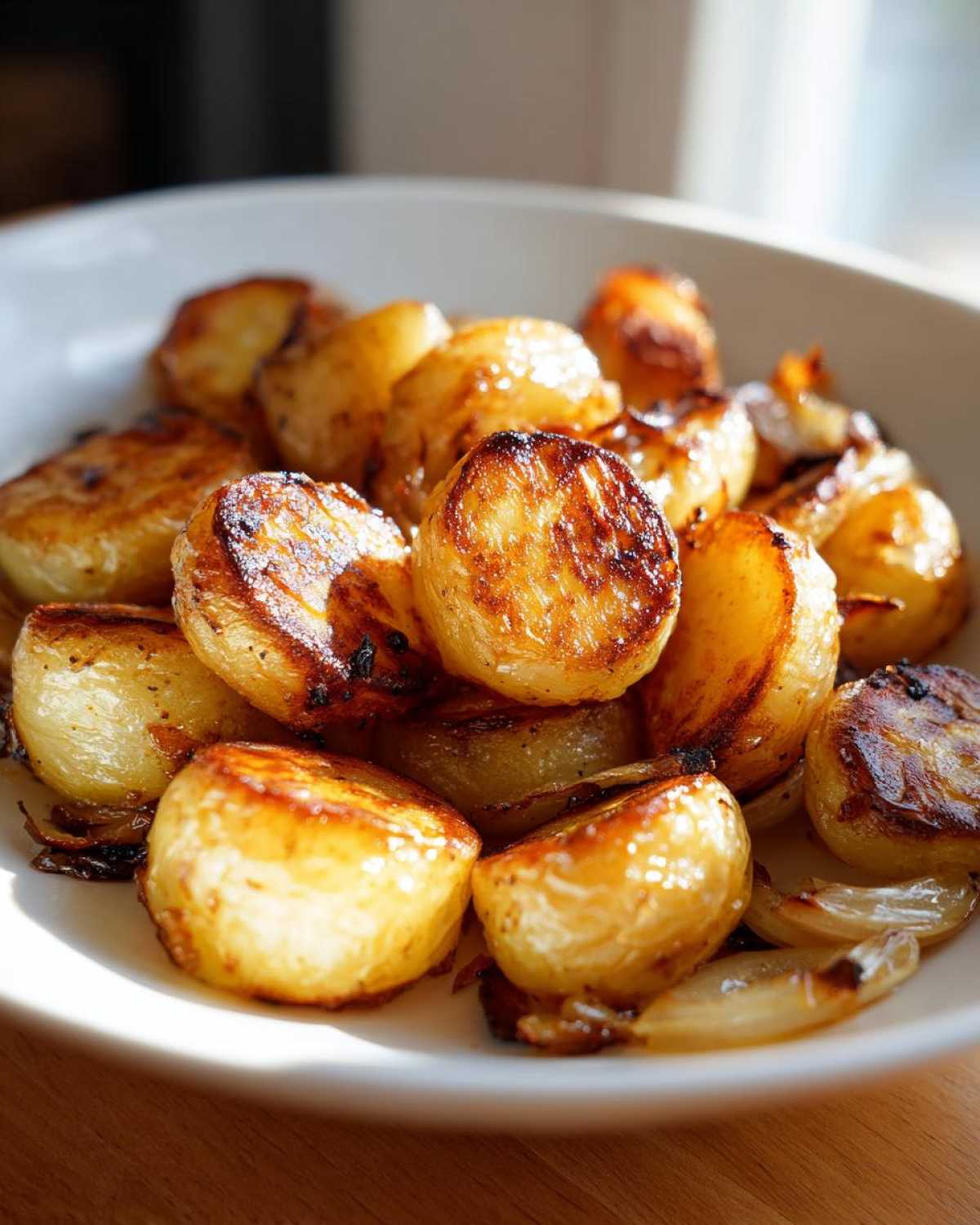 Close-up of perfectly browned, caramelized fried potatoes served in a white bowl.
