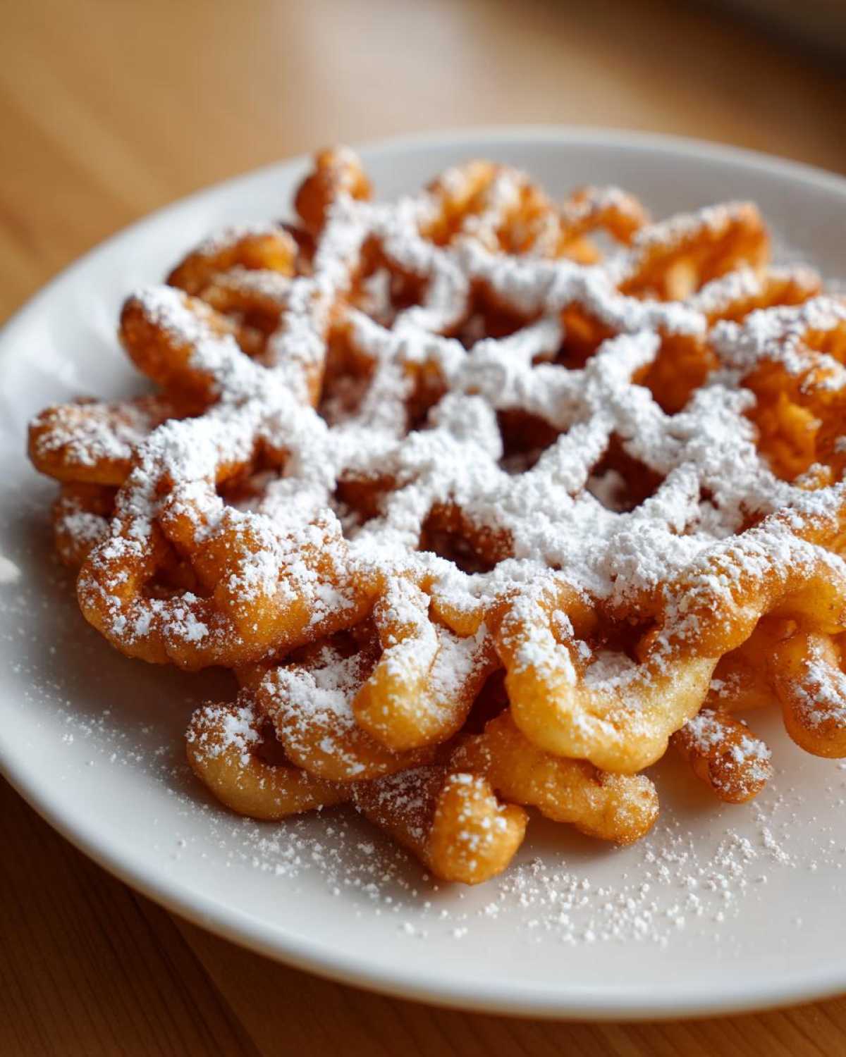 A perfectly fried, golden-brown funnel cake recipe dusted heavily with white powdered sugar on a white plate.