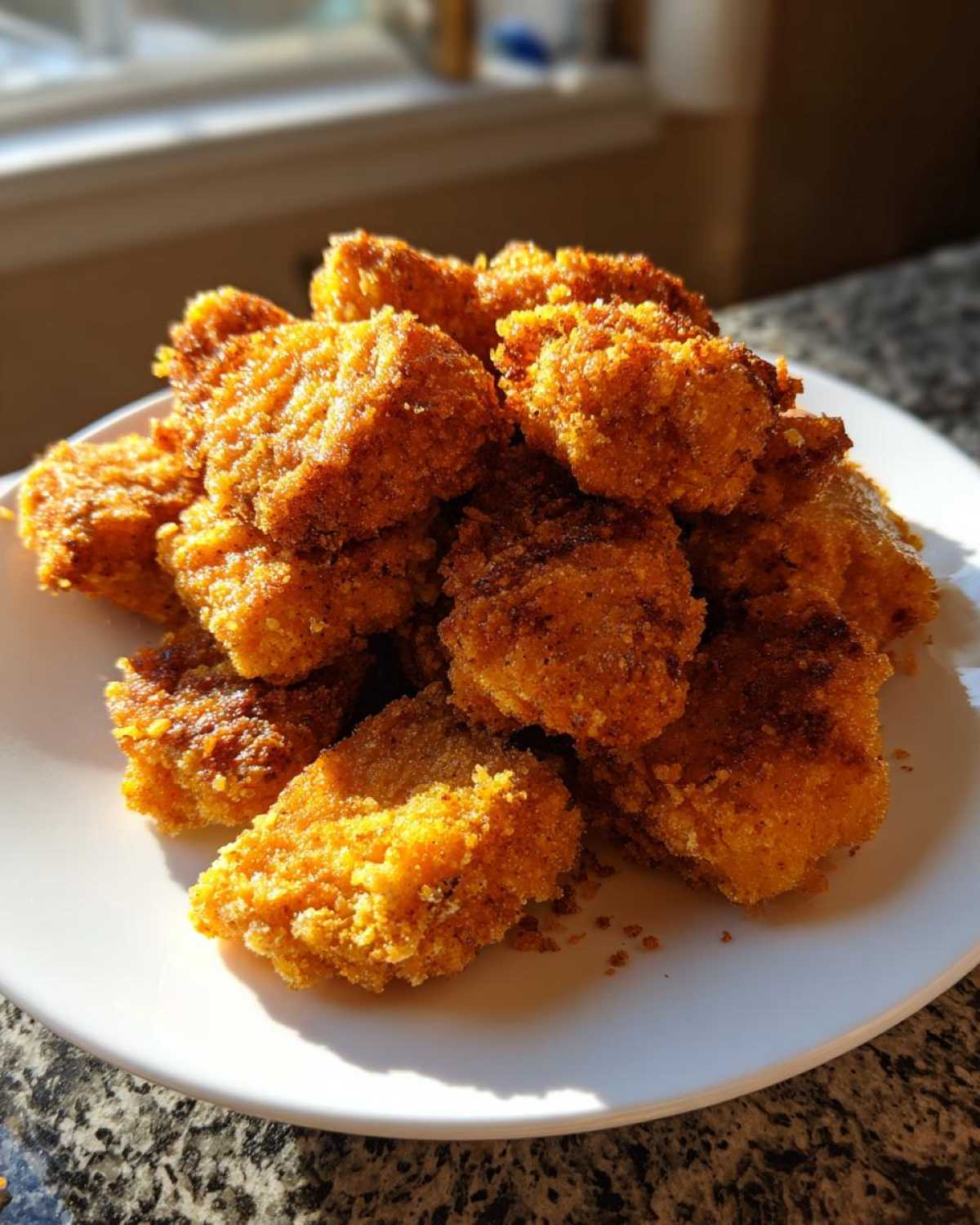 A pile of golden brown, crispy homemade chicken nuggets stacked high on a white plate.
