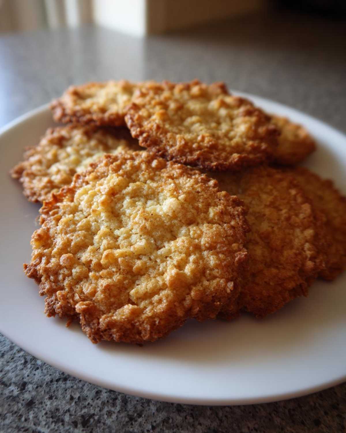 A close-up of several golden brown, crispy oatmeal lace cookies stacked on a white plate.