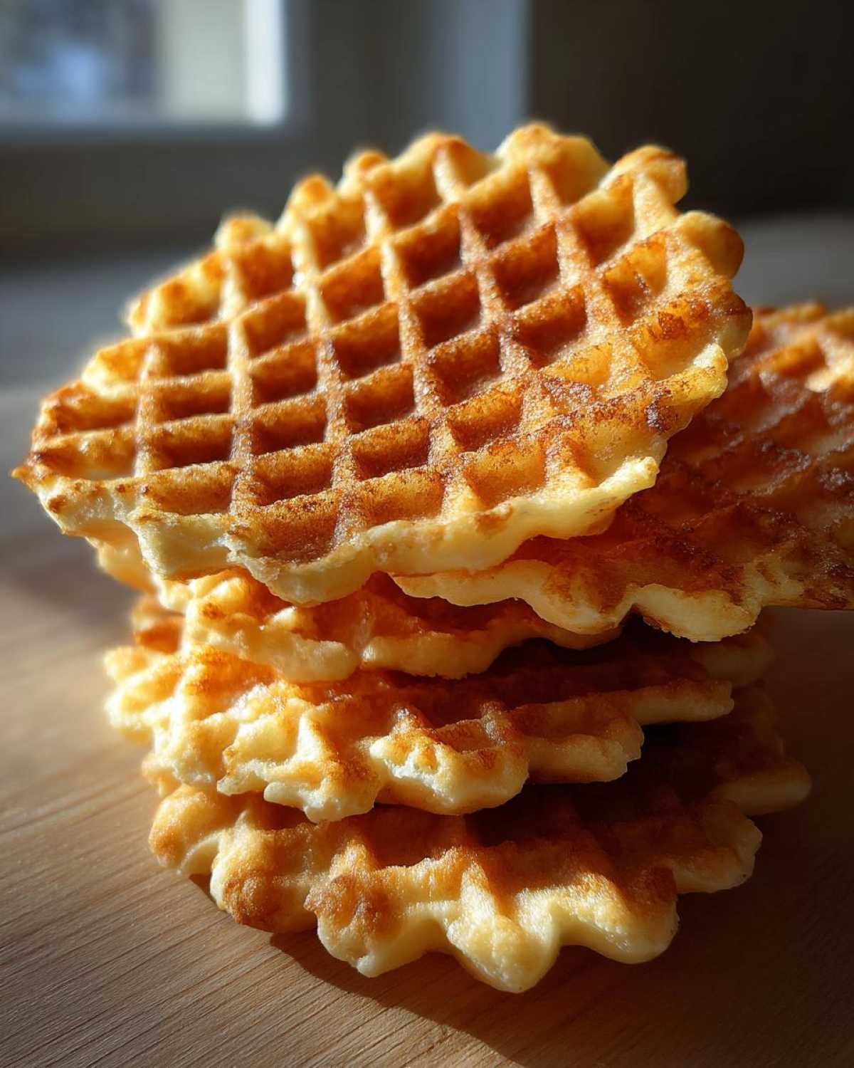 A close-up stack of golden brown, freshly made pizzelle cookies with a distinct waffle pattern.