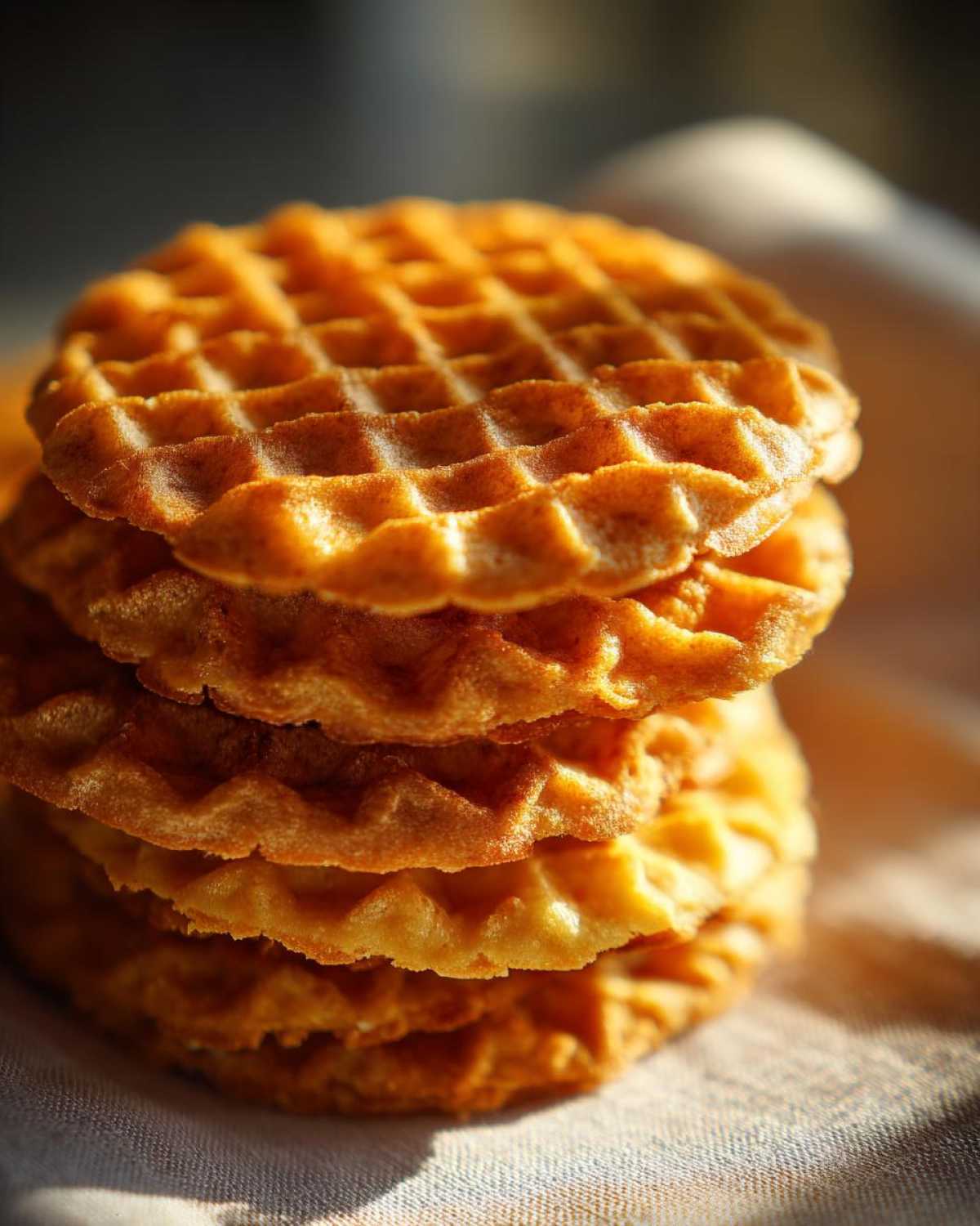 Close-up of a warm stack of golden brown pizzelle cookies with a distinct waffle pattern.