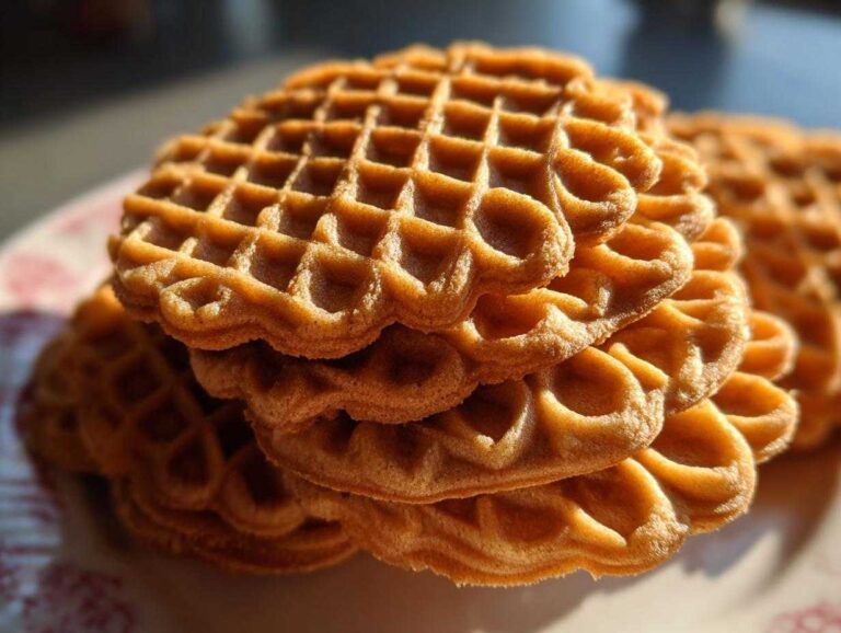 A close-up stack of golden brown, crisp pizzelle cookies with their signature waffle pattern.