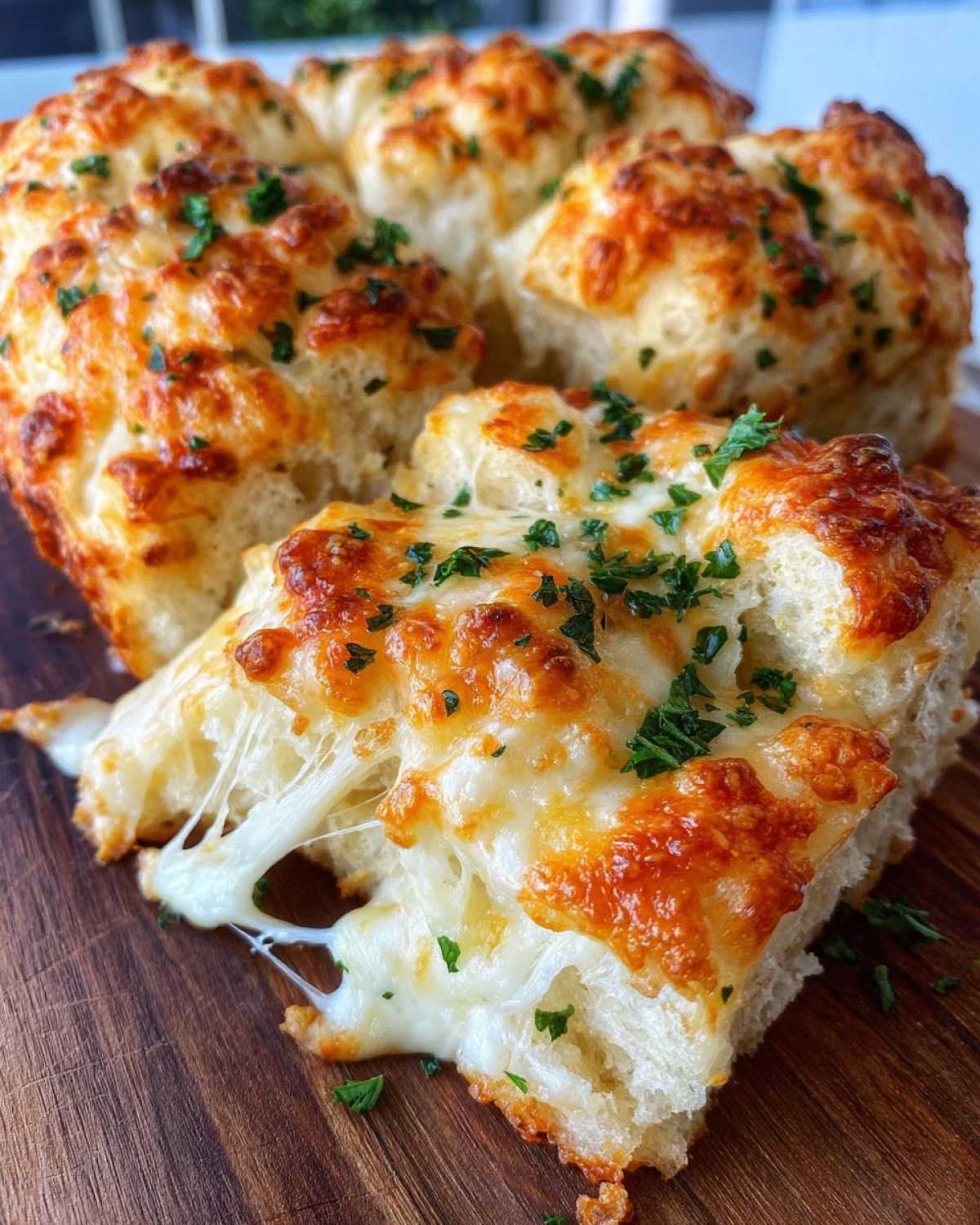 A piece of gooey, melted cheese bread is pulled away, showing long cheese strings, topped with browned cheese and parsley.