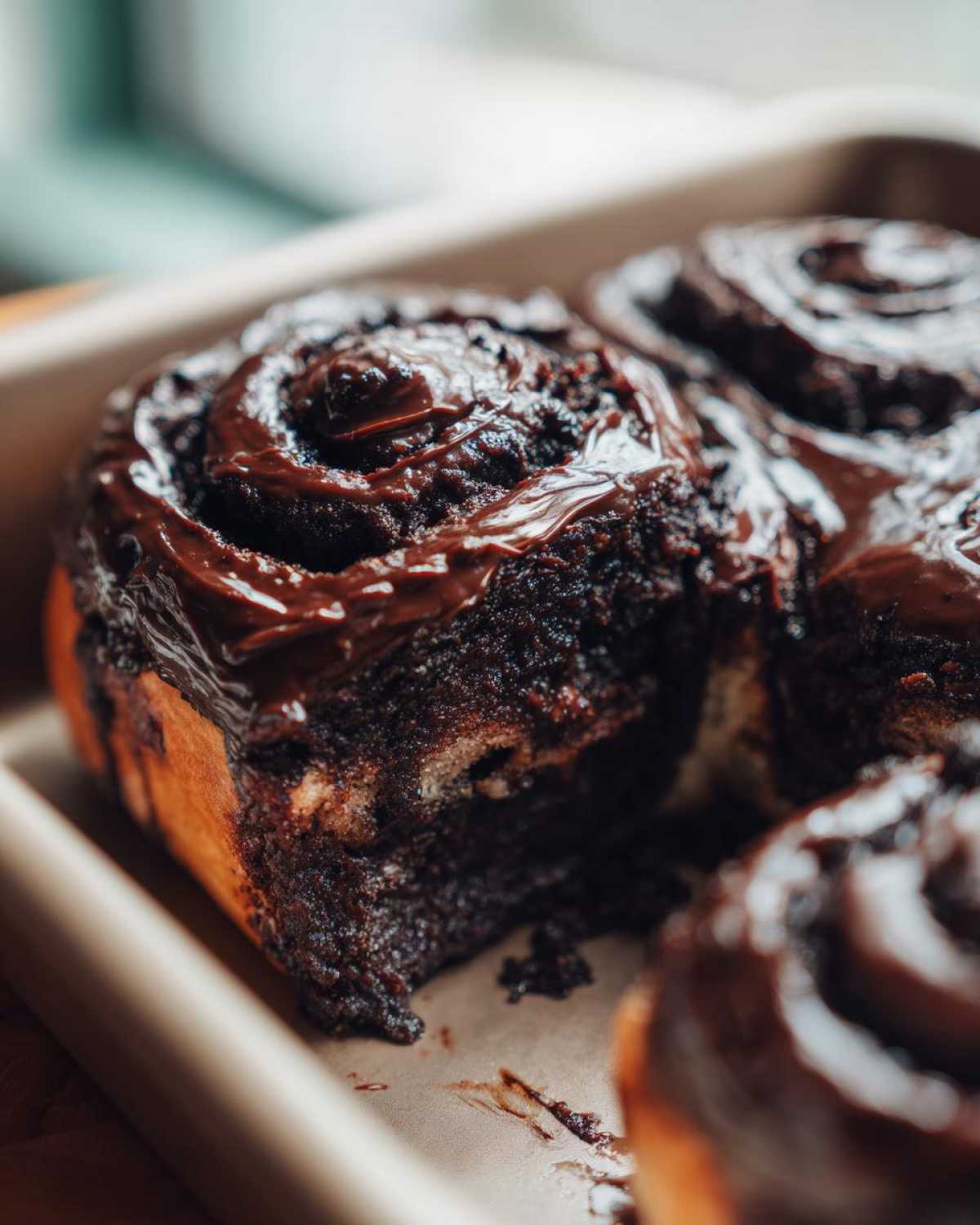 Close-up of rich, dark chocolate cinnamon rolls with glossy chocolate glaze in a baking dish.
