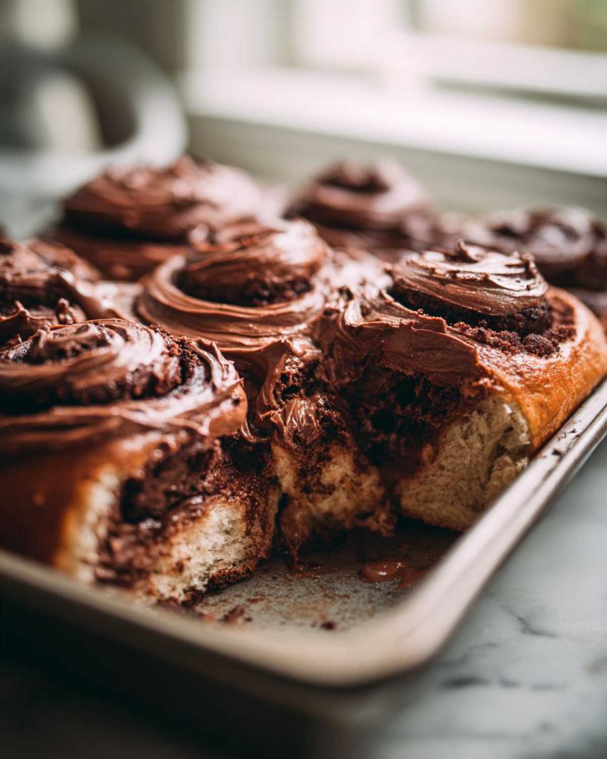 Close-up of gooey chocolate cinnamon rolls in a baking pan, one roll pulled apart showing soft interior.
