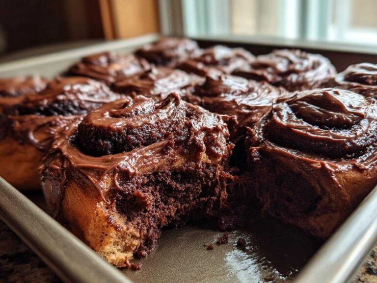 Close-up of gooey chocolate cinnamon rolls in a baking pan, one roll has a bite taken out showing the soft interior.