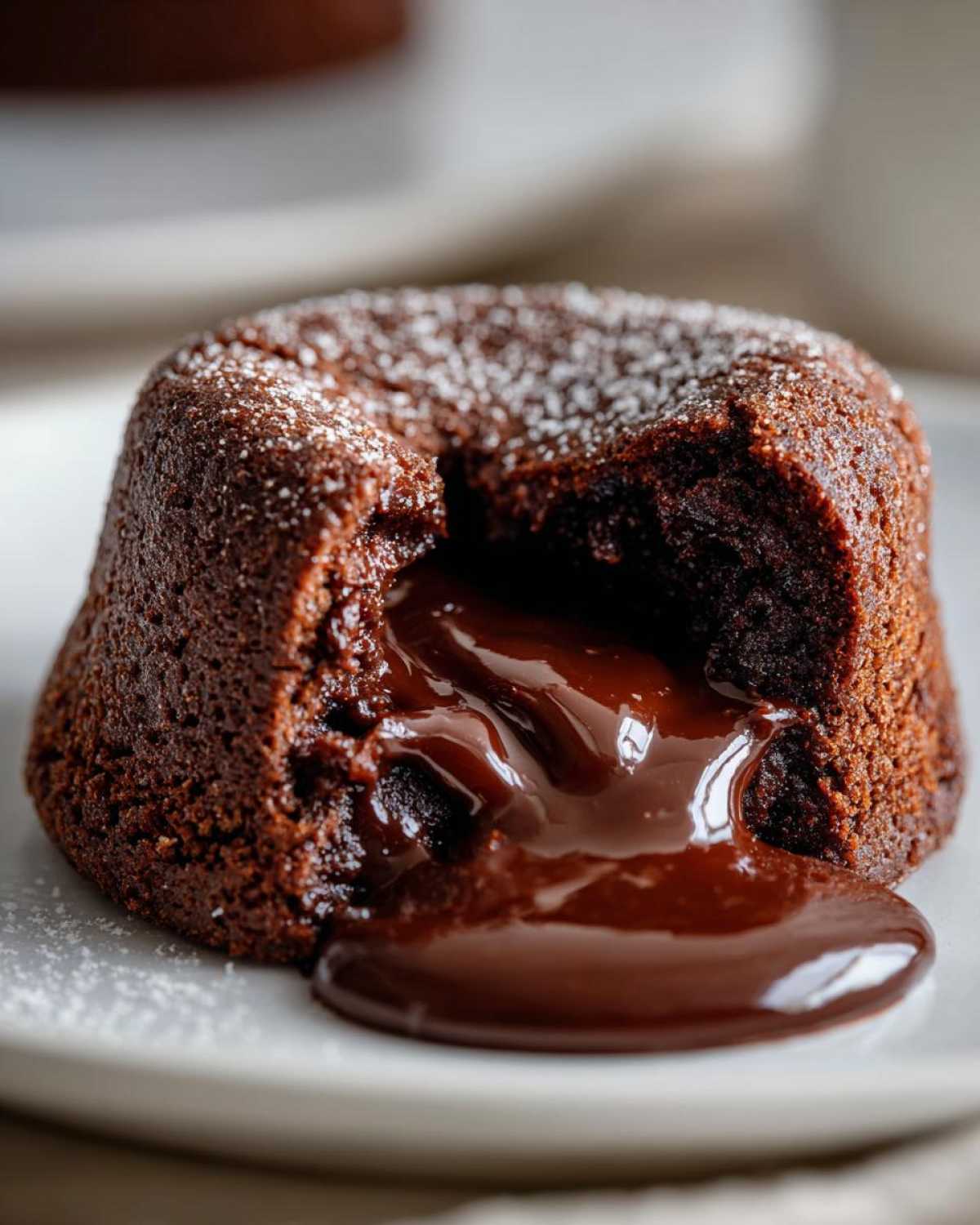 Close-up of a rich chocolate lava cake with molten center oozing out, dusted with powdered sugar.
