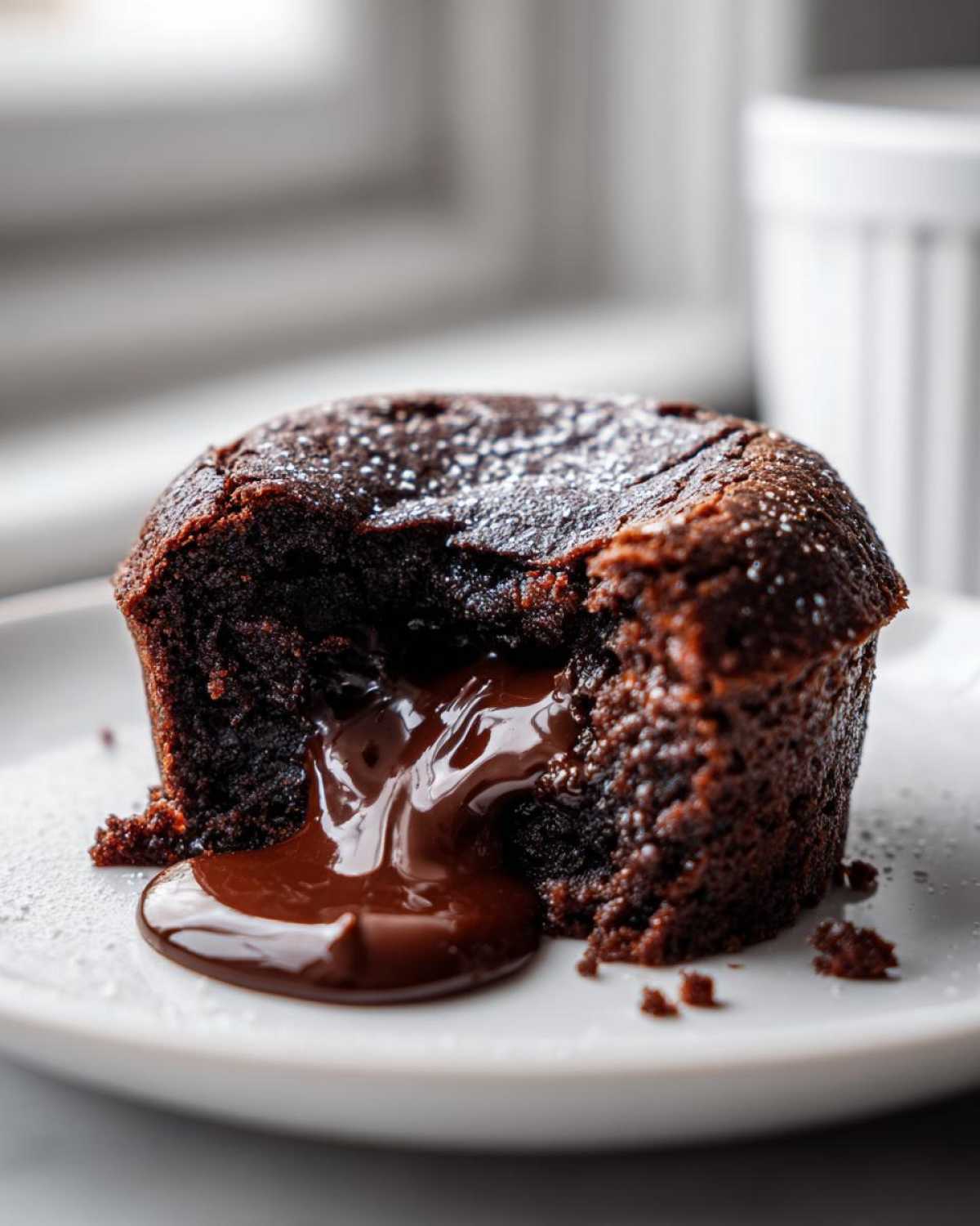 Close-up of a warm chocolate lava cake with molten center oozing onto a white plate, dusted with powdered sugar.