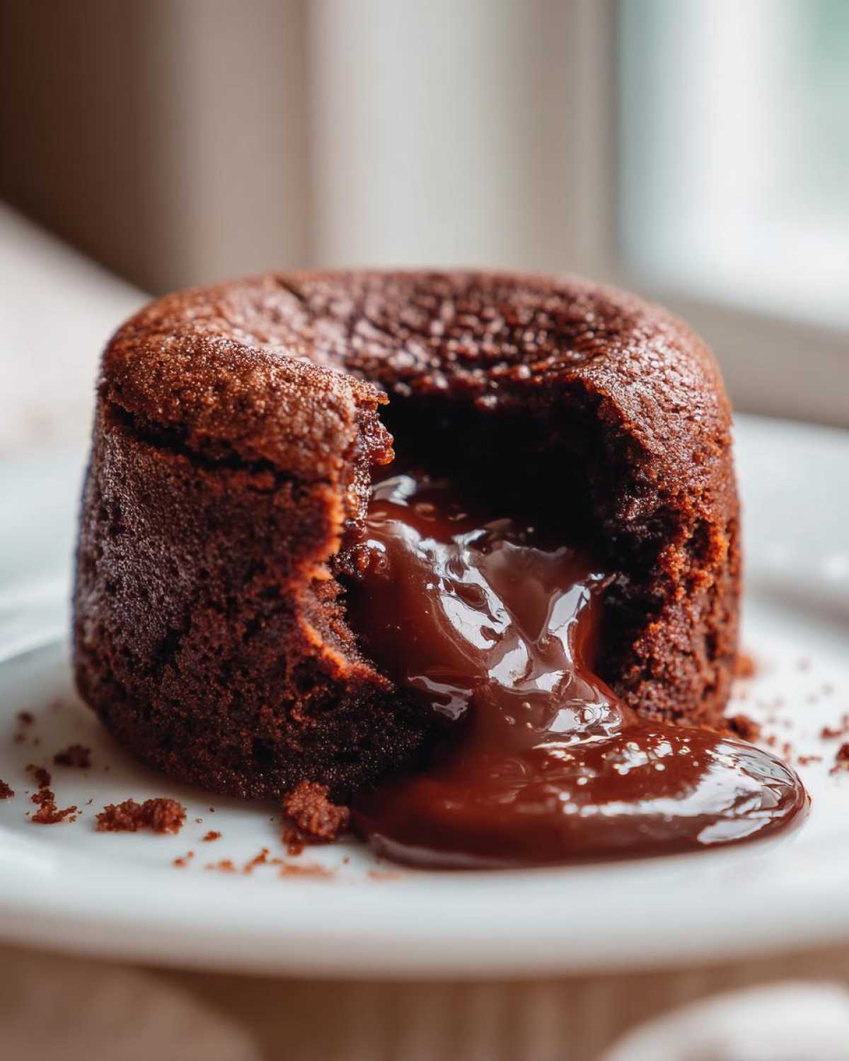 Close-up of a freshly baked chocolate lava cake with molten chocolate oozing out onto a white plate.