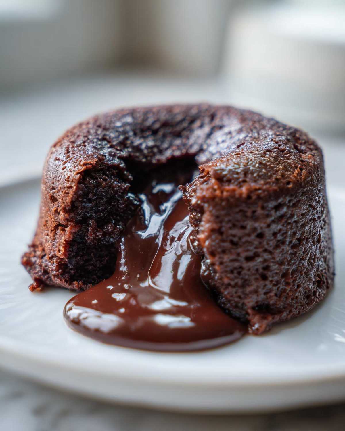Close-up of a freshly baked chocolate lava cake with molten center oozing out onto a white plate.