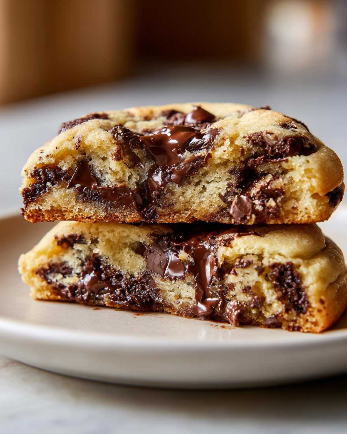 Close-up of two halves of a homemade chocolate chip cookie stacked, showing gooey, melted chocolate chips inside.