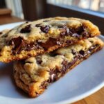 Close-up of homemade chocolate chip cookies broken in half, showing melted, gooey chocolate chips inside.