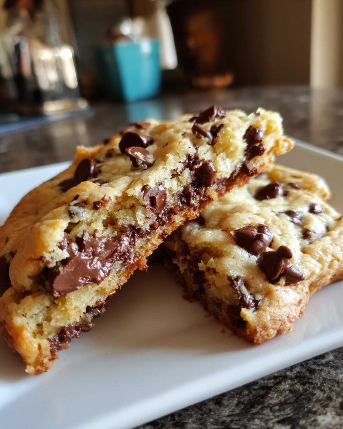 Close-up of two halves of a homemade chocolate chip cookie showing the soft, gooey center and melted chocolate chips.
