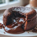 Close-up of a freshly baked chocolate lava cake with the center cut open, revealing rich, molten chocolate flowing out.