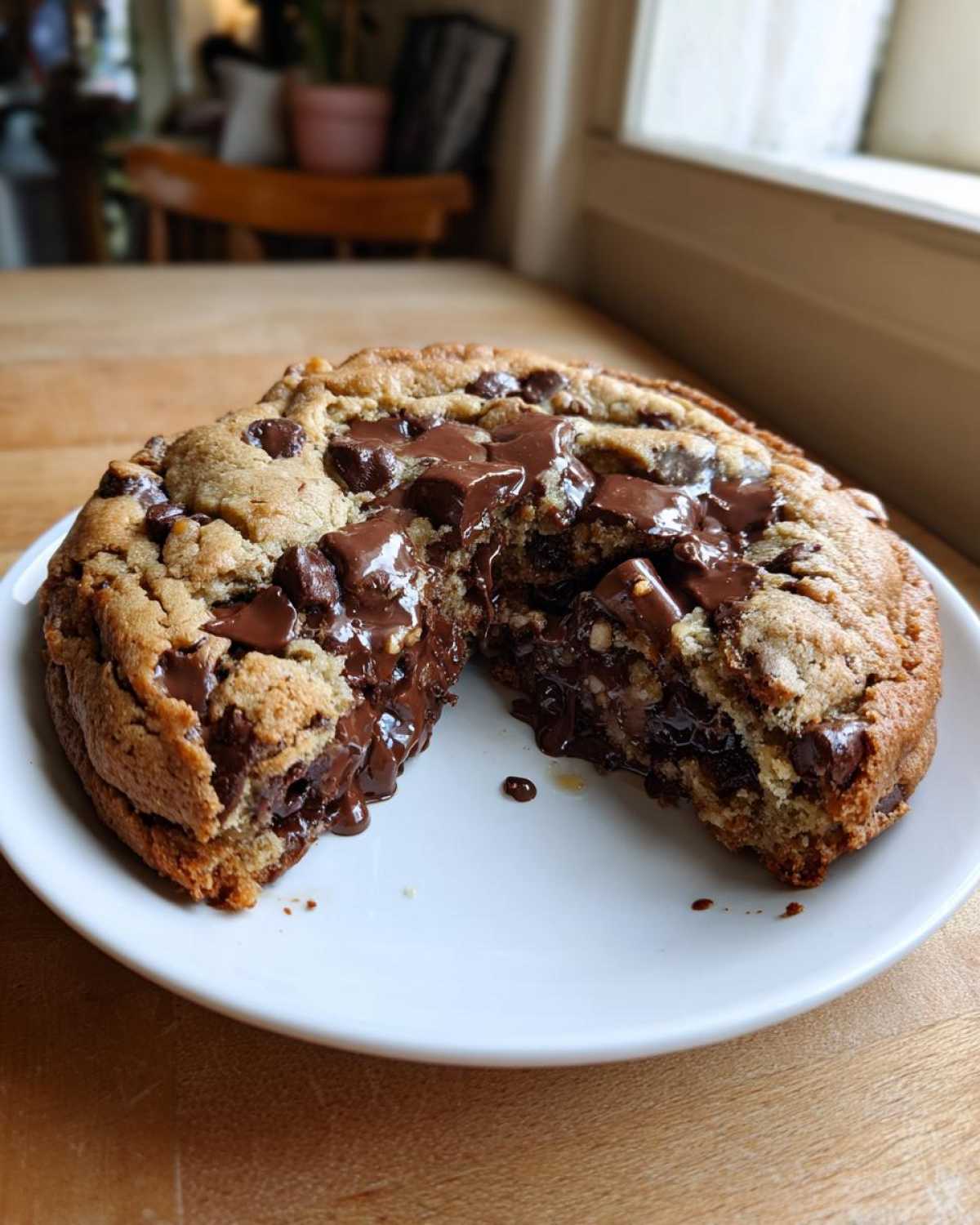 A thick, gooey levain bakery chocolate chip cookie broken in half, showing melted chocolate chips inside.
