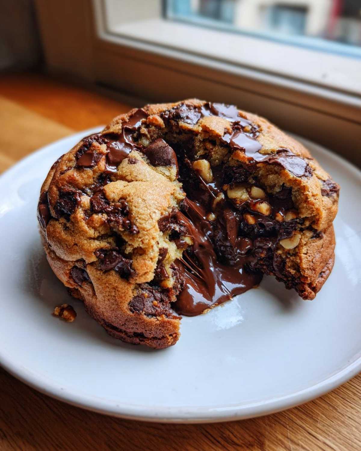 Close-up of a thick, gooey levain bakery chocolate chip cookie broken open, showing melted chocolate center and nuts.
