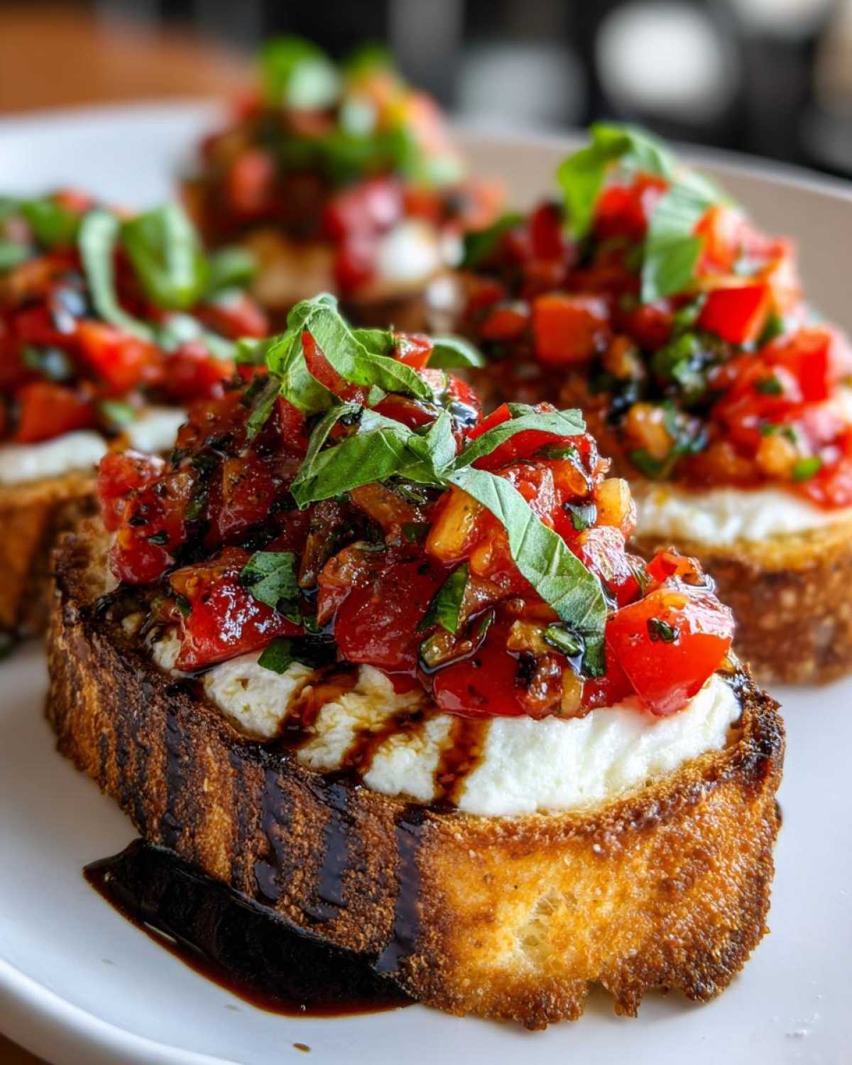 Close-up of toasted bread topped with cheese, tomato mixture, and basil, resembling a bruschetta dip appetizer.