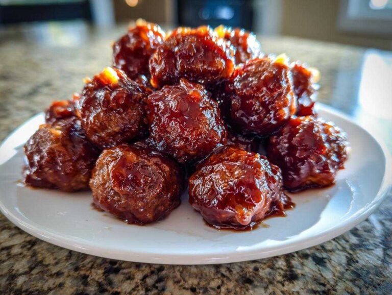Close-up of a mound of glistening Grape jelly meatballs coated in a thick, dark sauce on a white plate.